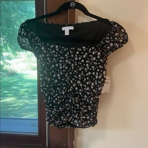 Ruched crop top, black with white floral print